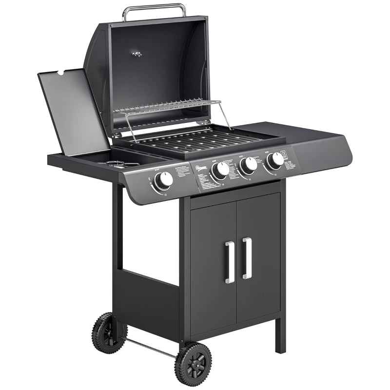 Outsunny Barbecue a Gas con Coperchio, 4 Bruciatori da 11.6kW, Fornello, Mensola e 2 Ruote, 110x50x100cm Nero