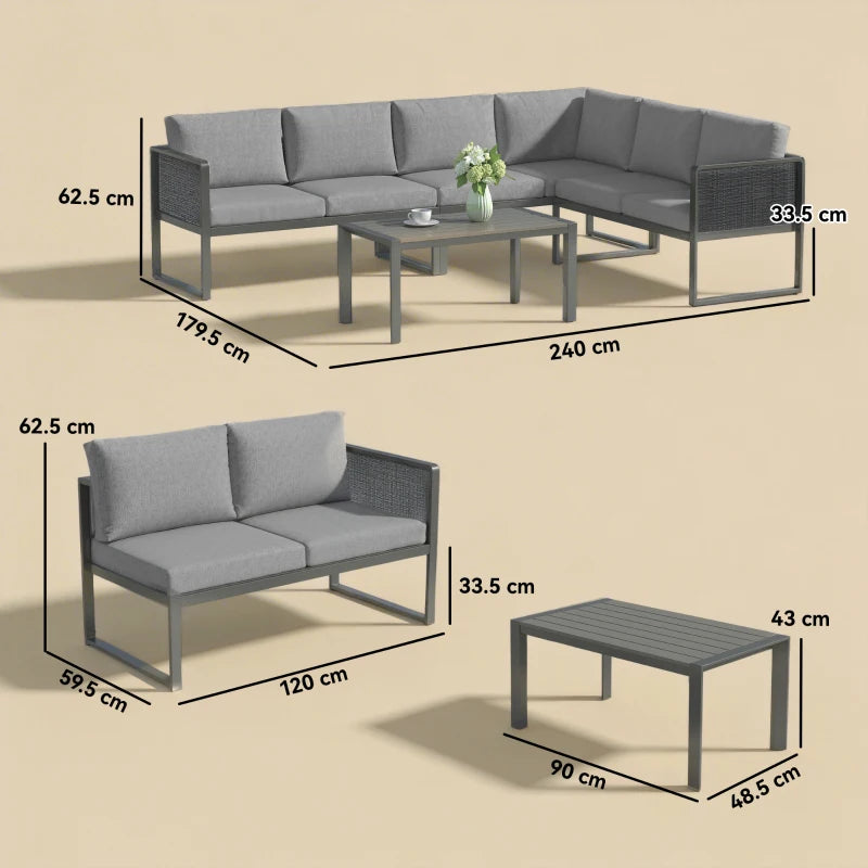 Outsunny Set Divano Angolare da Giardino in Metallo, 3 Poltrone, Tavolino Effetto Legno, Grigio Scuro