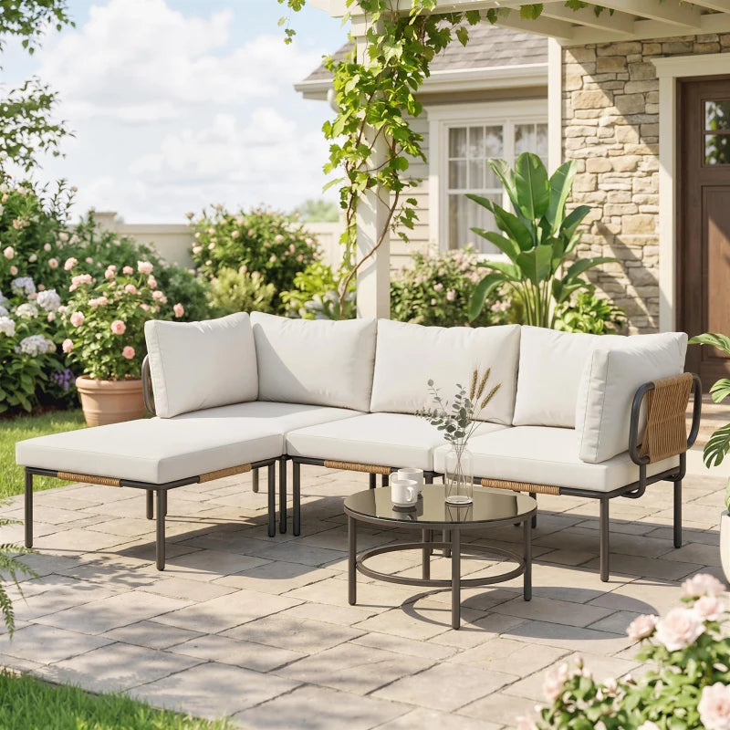 Outsunny Set da Giardino 5 Pezzi in Rattan Modulabile con Divano a L, Tavolino e Cuscini, Cachi