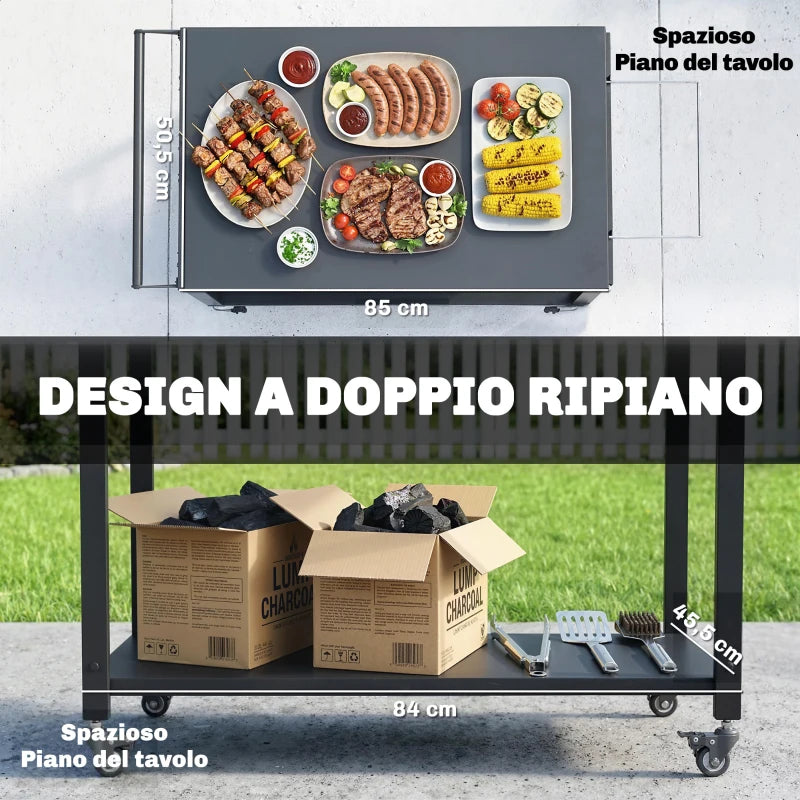 Outsunny Carrello Barbecue, 2 Ripiani, Supporto Pizza, Portasacchi e Ganci, Nero.