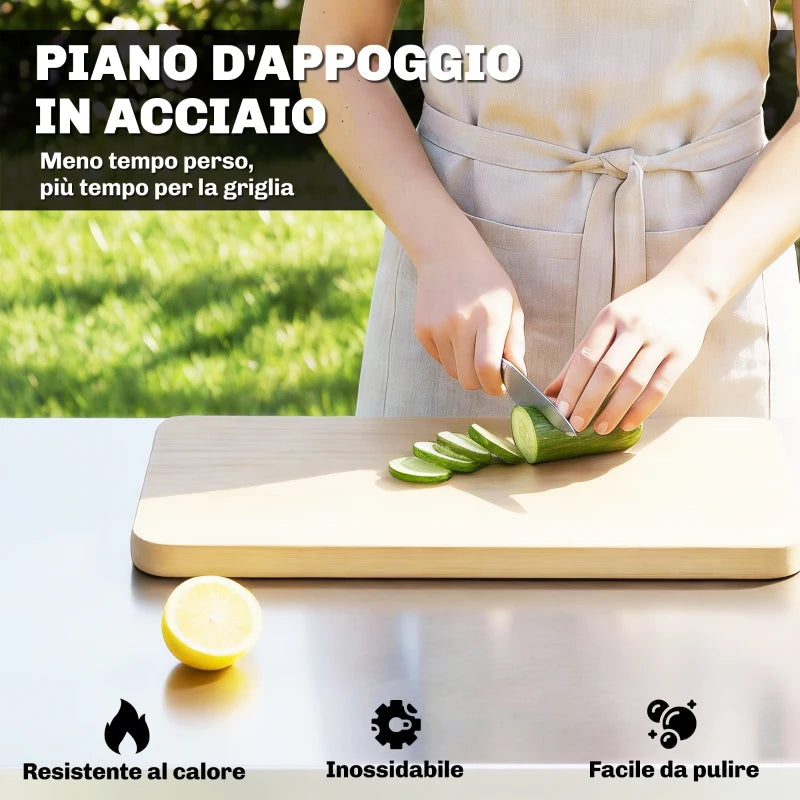 Outsunny Carrello Barbecue da Esterno con Piano in Acciaio Inossidabile, Porta Spezie, Ganci e Maniglia Laterale, Nero