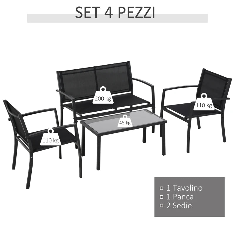 Outsunny Salotto da Esterno, Set 4 Pezzi con 1 Tavolino, 2 Sedie da Giardino e 1 Panca in Metallo, Nero