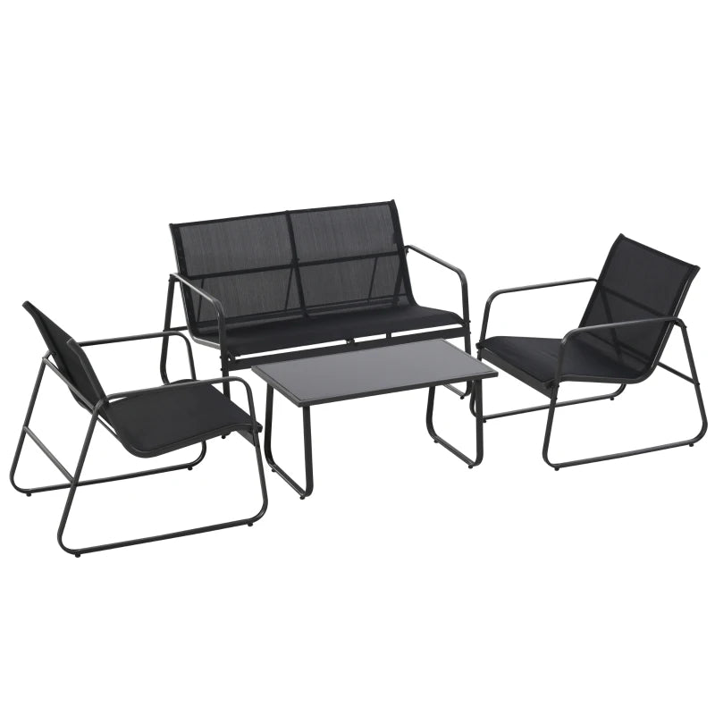 Outsunny Set Salotto da Giardino da 4 Pezzi, con Divanetto da Esterno a 2 Posti, 2 Sedie e Tavolo da Caffè in Vetro Temperato, Set di Mobili da Giardino in Metallo e Texteline, Nero