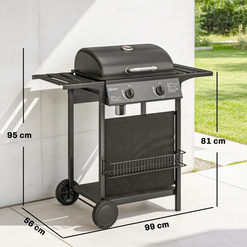 Outsunny Barbecue Gas, 2 Bruciatori, Tavolini Laterali, Vassoio Raccogli Grassi, Nero.