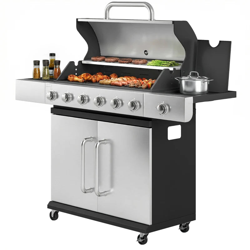 Outsunny Gas Barbecue, 6 Burners, Side Burner, Cast Iron Grill, Cabinet Included.