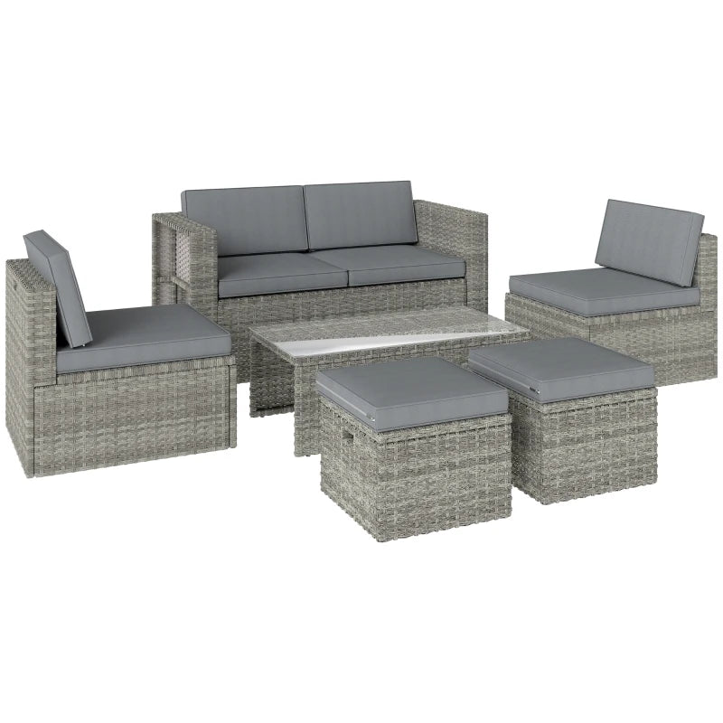 Outsunny Set da Esterno 6pz con Divano, 2 Sedie, Tavolino con Piano in Vetro e 2 Pouf, Grigio Scuro