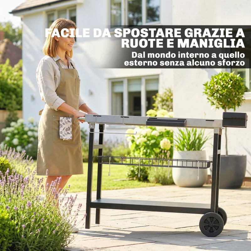 Outsunny Carrello Barbecue da Esterno con Piano in Acciaio Inossidabile, Porta Spezie, Ganci e Maniglia Laterale, Nero