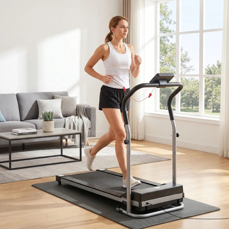 HOMCOM Tapis Roulant Elettrico Pieghevole, Tapis Roulant Elettrico Portatile 1.25HP con Schermo LCD, Velocità 1-10 km/h, Ruote, Allenamento per Casa, Ufficio, Palestra, Nero e Grigio