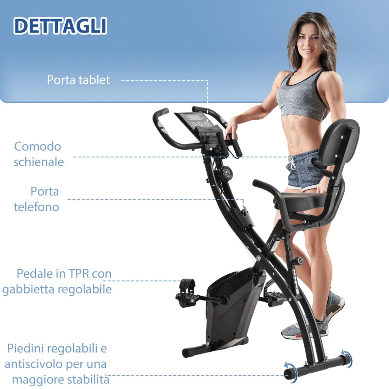 HOMCOM Cyclette Pieghevole 2 in 1, Resistenza Magnetica Regolabile 8 Livelli, Cyclette da Casa Silenziosa con Sensore Cardiaco, Sedile Regolabile, Bande Elastici, Schermo LCD, Ruote, Nero