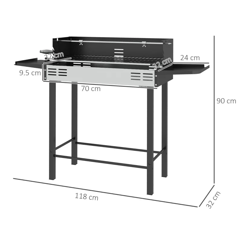 Outsunny Barbecue a Carbone a 3 Livelli con Mensole Pieghevoli e Girarrosto, in Acciaio Inox, 118x32x90 cm, Nero