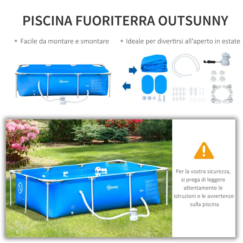 Outsunny Piscina Autoportante da Esterno, Piscina Rettangolare Fuori Terra con Filtro e Valvola in Acciaio e PVC, Blu, 252x152x65cm