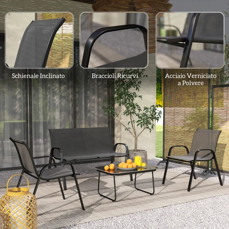 Outsunny Set da Giardino con Divano 2 Posti, 2 Poltrone Impilabili e Tavolino in Vetro, Nero