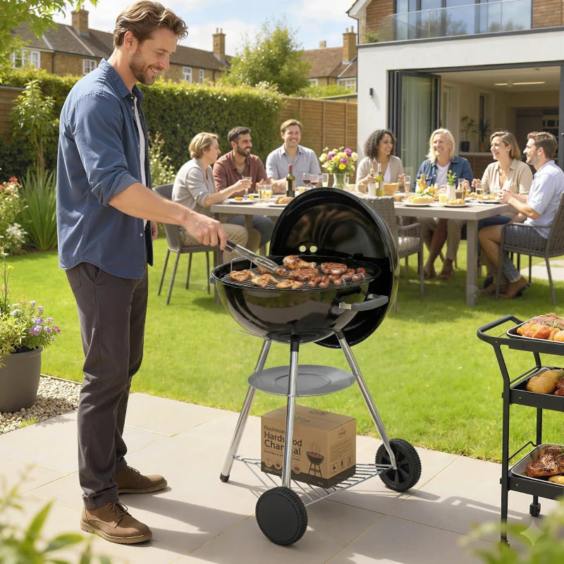 Outsunny barbecue a carbone con griglia esterna rotonda, coperchio, termometro e ruote, Nero