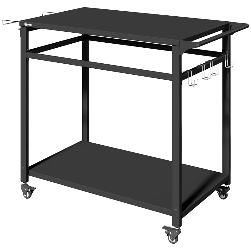 Outsunny Carrello Barbecue, 2 Ripiani, Supporto Pizza, Portasacchi e Ganci, Nero.