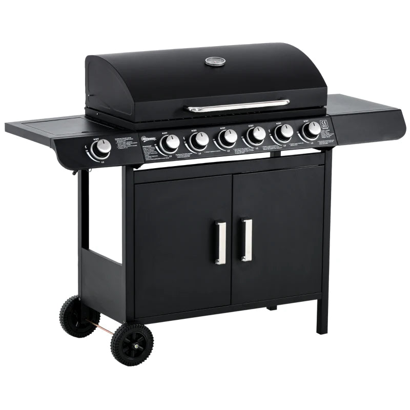 Outsunny Barbecue a Gas con Coperchio, 7 Bruciatori da 20kW, Fornello Laterale e 2 Ruote, 135x50x100 cm, Nero