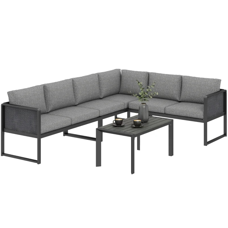 Outsunny Set Divano Angolare da Giardino in Metallo, 3 Poltrone, Tavolino Effetto Legno, Grigio Scuro