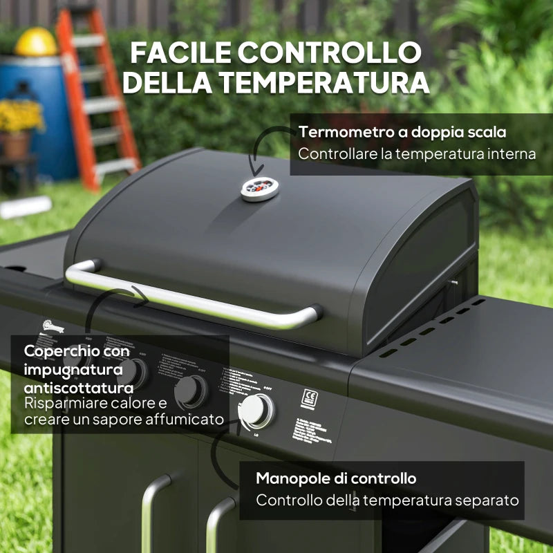 Outsunny Barbecue a Gas con Fornello Laterale, Tavolino e Armadietto, in Acciaio e PP, 129.5x56x110 cm, Nero