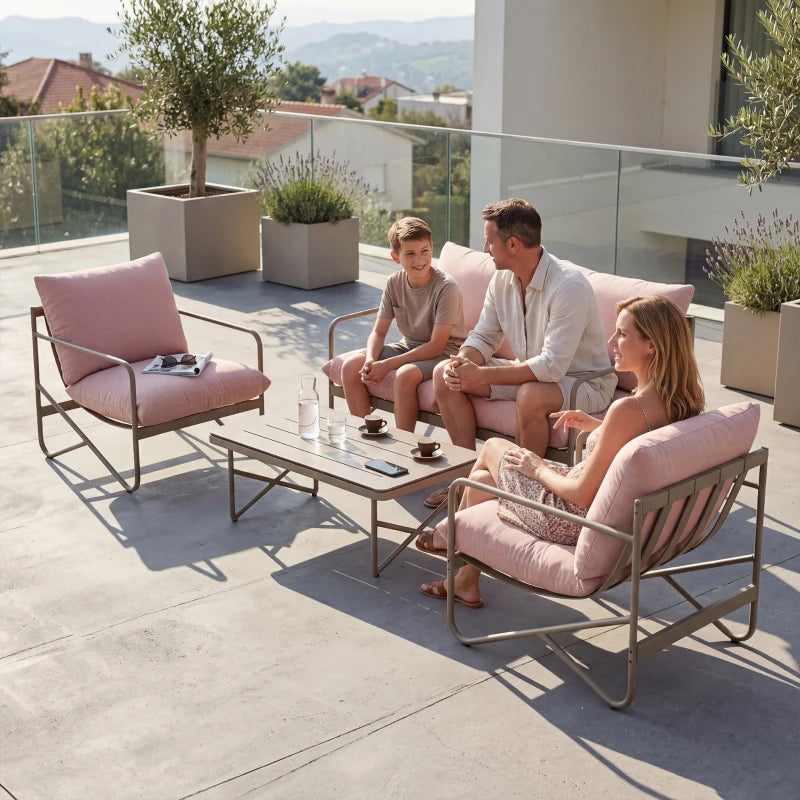 Outsunny Set da Giardino 4 Persone: Divanetto, Poltrone, Tavolo, Metallo, Rosa
