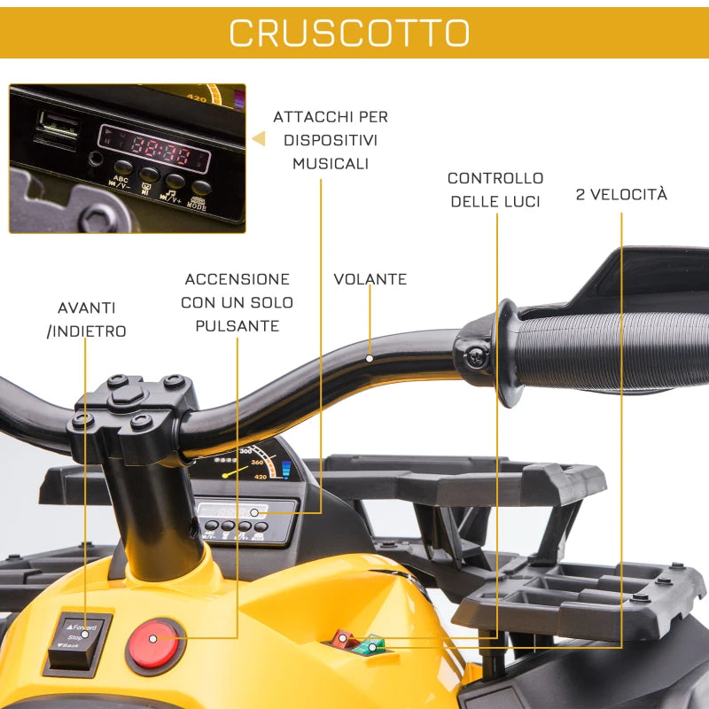HOMCOM Quad per Bambini Elettrico 12V con Fari e Batteria Ricaricabile, Età 3-5 Anni, 100x65x73cm, Giallo