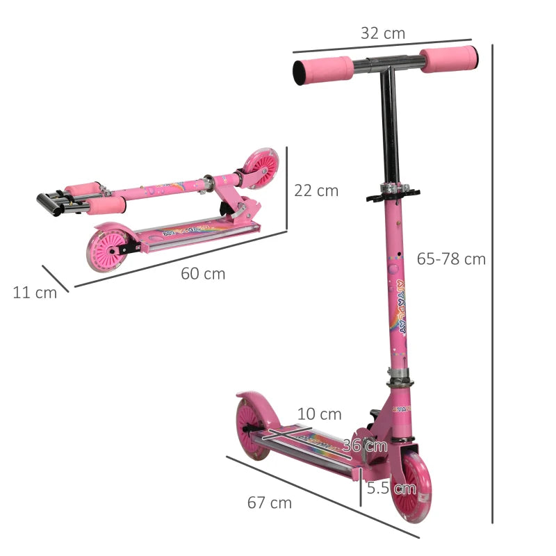 HOMCOM Monopattino per Bambini 3-7 Anni Pieghevole a 2 Ruote e Altezza Regolabile, 67x30x63/68/73/76 cm, Rosa