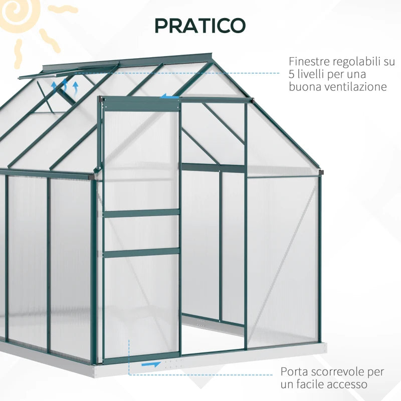 Outsunny Serra da Giardino in Policarbonato, Metallo e Alluminio, Anti-UV e Antivento, 190x253x199cm, Verde