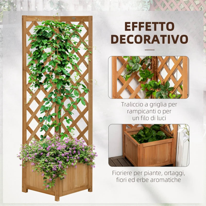 Outsunny Fioriera da Giardino in Legno di Abete Marrone con Grigliato per Rampicanti e Decorazioni, 40x40x145 cm