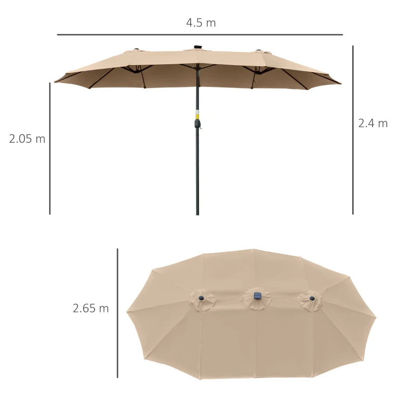 Outsunny Ombrellone da Giardino Doppio 4.5m con 48 Luci LED e Manovella, Cachi