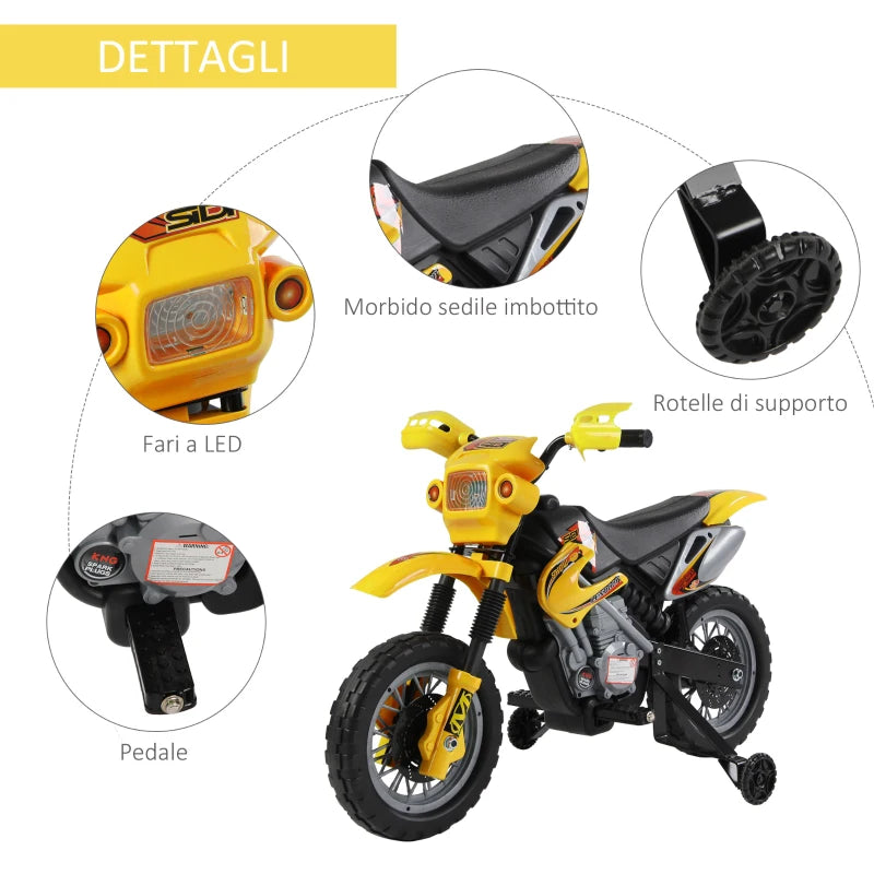 HOMCOM Moto Elettrica per Bambini 3 anni e Più, Moto Cross Elettrica con Rotelle, Batteria 6V Velocità 2.5km/h, 102 x 53 x 66cm, Giallo