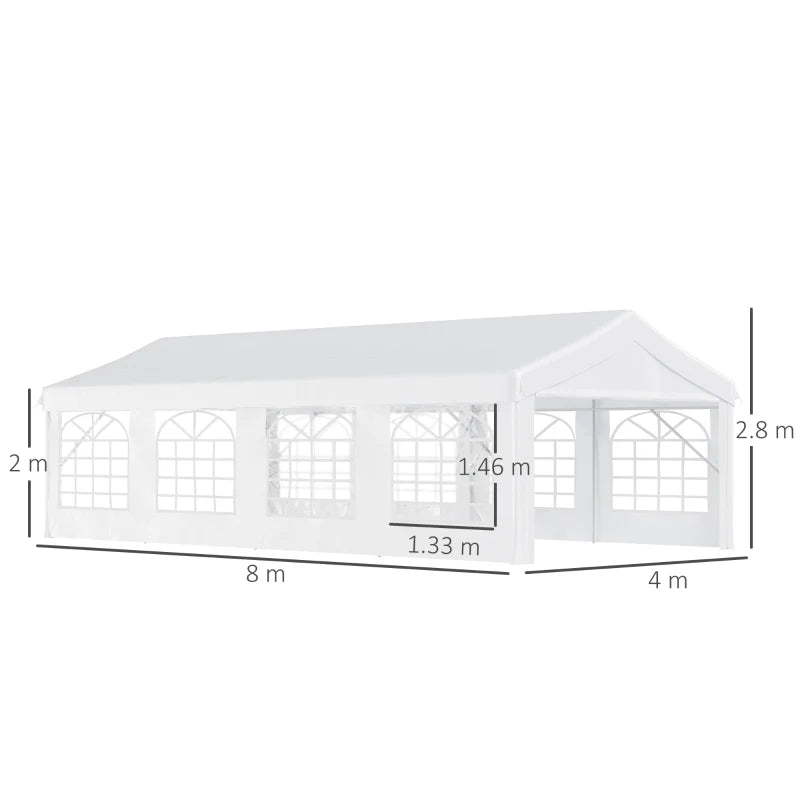 Outsunny Gazebo da Giardino 8x4m in Acciaio con Pareti Rimovibili e Finestre Trasparenti, Bianco