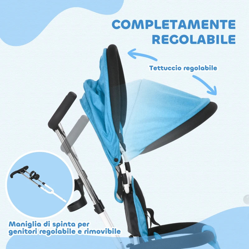 HOMCOM Triciclo per Bambini con Maniglione 6 in 1, Tettuccio Regolabile e Cintura di Sicurezza, Età 1-5 Anni, Blu