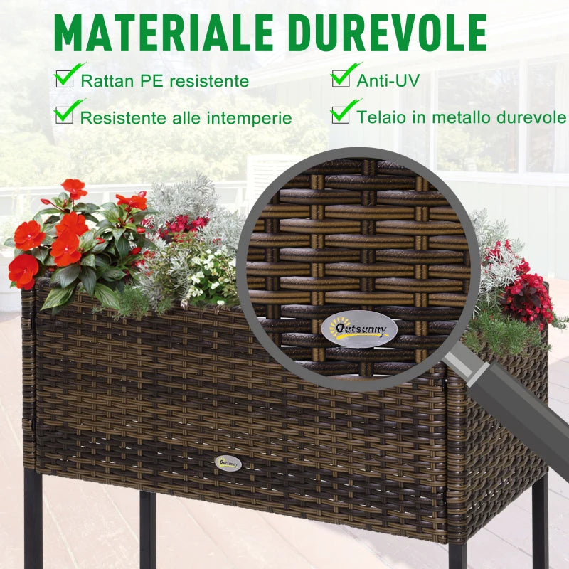 Outsunny Letto per Orto Rialzato, Fioriera Effetto Vimini con Ripiano, Aiuola Rialzata per Esterni e Interni, Marrone (70cm x 30cm x 70cm)