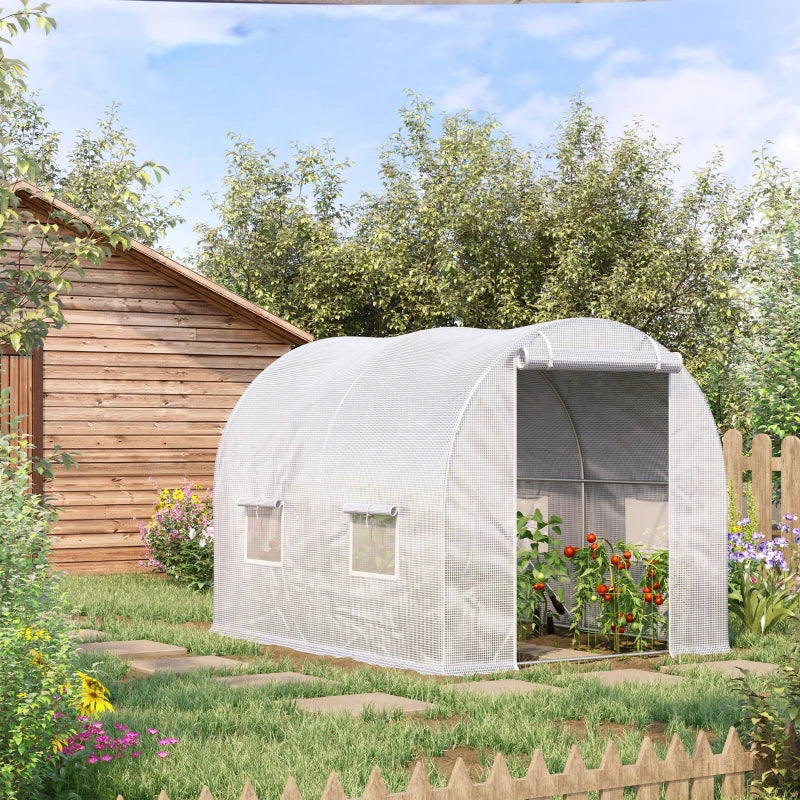 Outsunny Serra a Tunnel con 4 Finestrelle e Ingresso a Zip in Acciaio Zincato e PE, 3x2x1.9 m, Bianco
