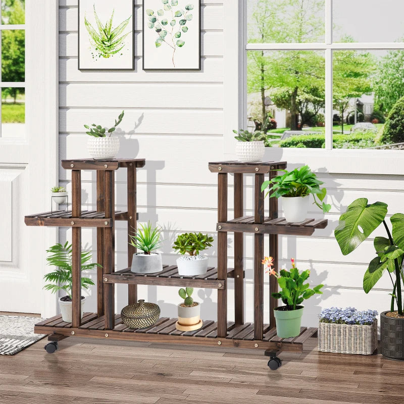 Outsunny Scaffale Portafiori a 4 Livelli, Fioriera da Esterno e Interno in Legno con 4 Ruote, 123.5 x 33 x 80cm