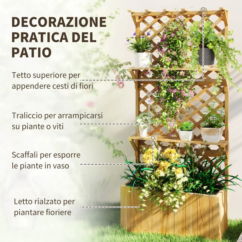 Outsunny Fioriera con Traliccio per Rampicanti, Fori di Drenaggio e 2 Mensole, in Legno di Abete, 76x33x177 cm