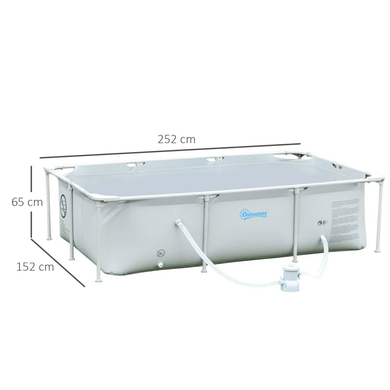 Outsunny Piscina Fuori Terra Autoportante, Piscina Rigida Rettangolare con Filtro e Valvola in Acciaio e PVC, Grigio, 252x152x65cm