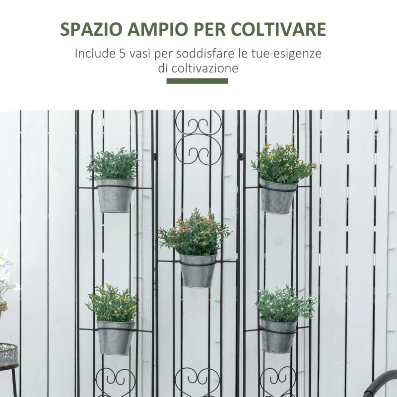 Outsunny Portapiante Verticale Pieghevole con 5 Vasi da Esterno in Metallo, 82x12.5x150cm, Nero