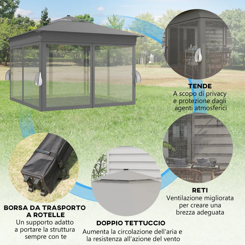 Outsunny Gazebo da Giardino ad Altezza Regolabile con Luci LED, in Acciaio e tessuto Oxford, 336x336x250-270 cm, Grigio