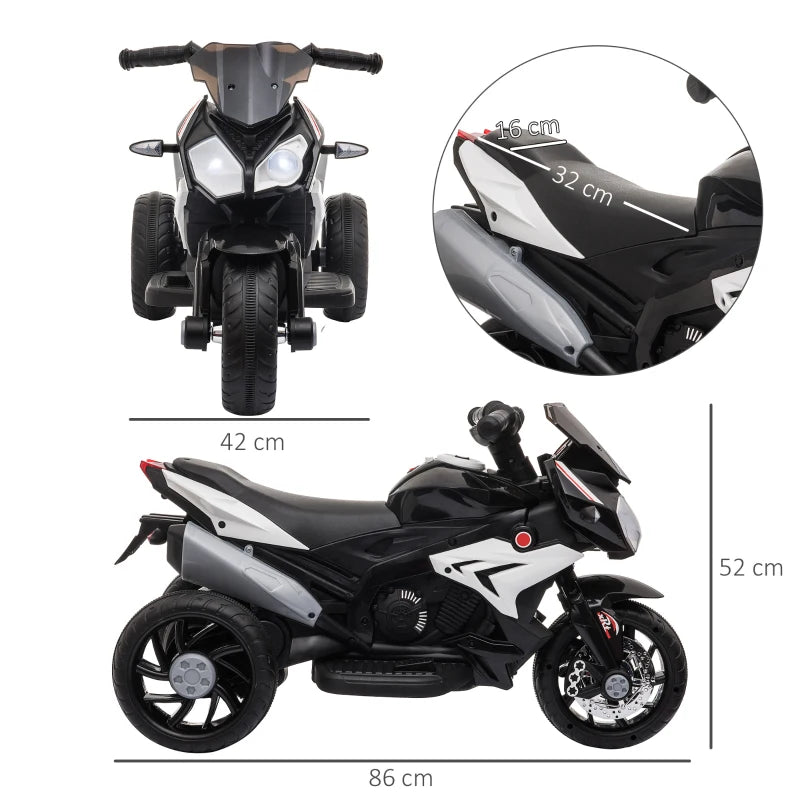 HOMCOM Moto Elettrica per Bambini 3-5 Anni Max. 25kg con Luci, Musica, Batteria 6V e Velocità 3km/h, 86cmx42cmx52cm Nera