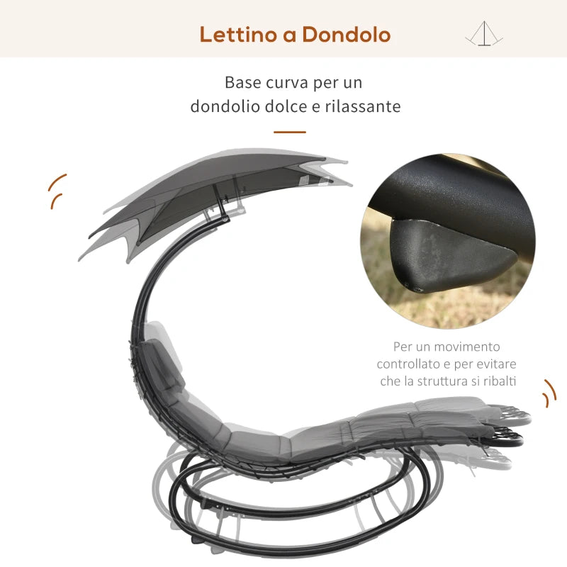 Outsunny Lettino a Dondolo da Giardino, Sdraio Prendisole, Sedia a Dondolo per Esterno con Seduta Imbottita e Tettuccio Grigio 185x114x190cm