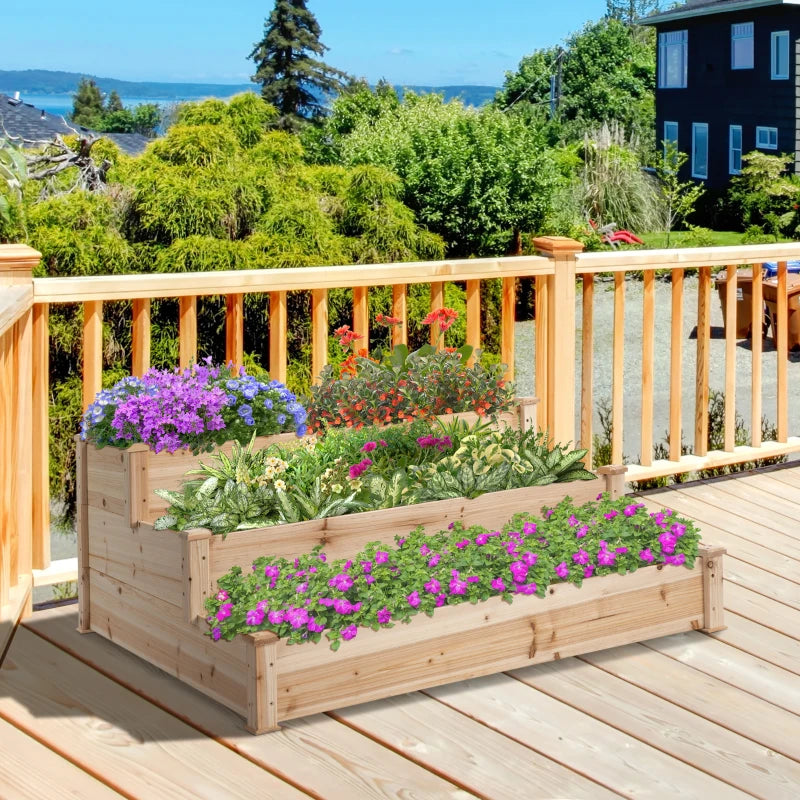 Outsunny Letto per Orto Rialzato a 3 Livelli in Legno Naturale, Fioriera Rialzata da Esterno per Piante, 120x120x56cm