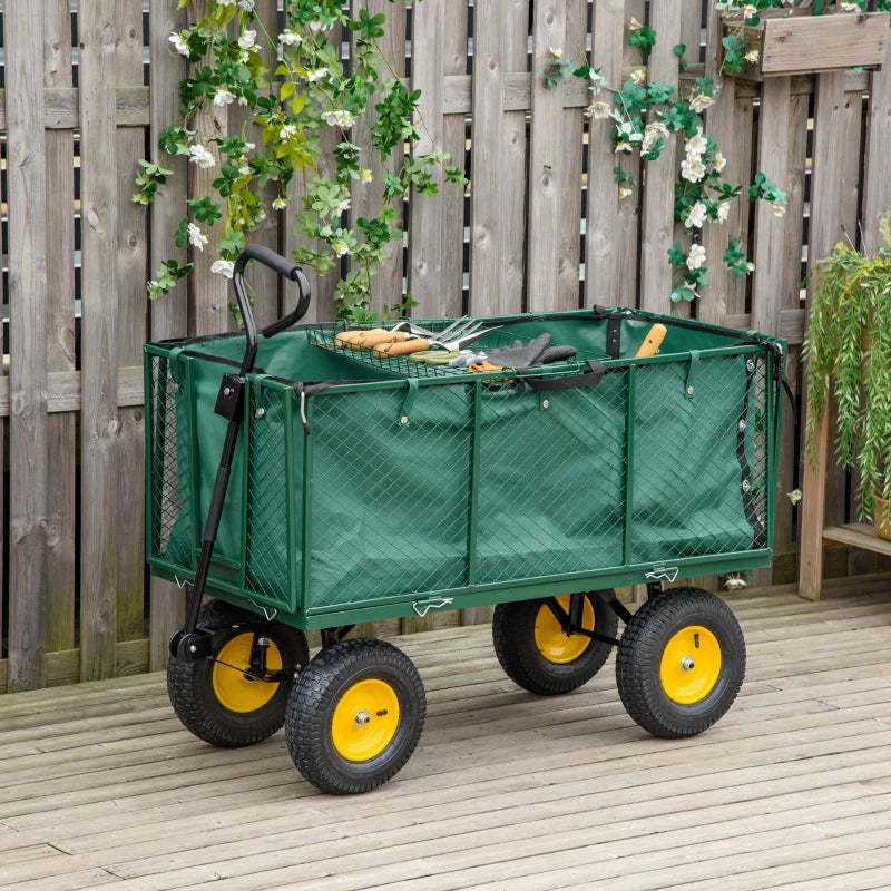 Outsunny Carrello da Giardino in Acciaio con Pareti Laterali Ribaltabili e 4 Ruote, Capienza 342L, Verde