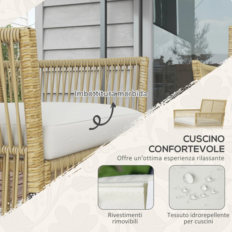 Outsunny Set da Giardino in Rattan da 4 Pezzi con 2 Poltroncine, Divano e Tavolino da Caffè, Naturale e Nero