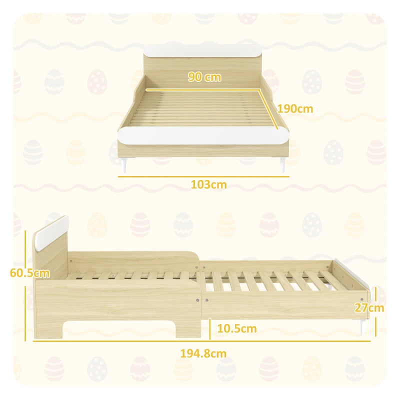 AIYAPLAY Letto per Bambini 3-10 Anni Basso con Sponde Laterali Alte, in Legno, 194.8x103x60.5 cm, Bianco e color Legno