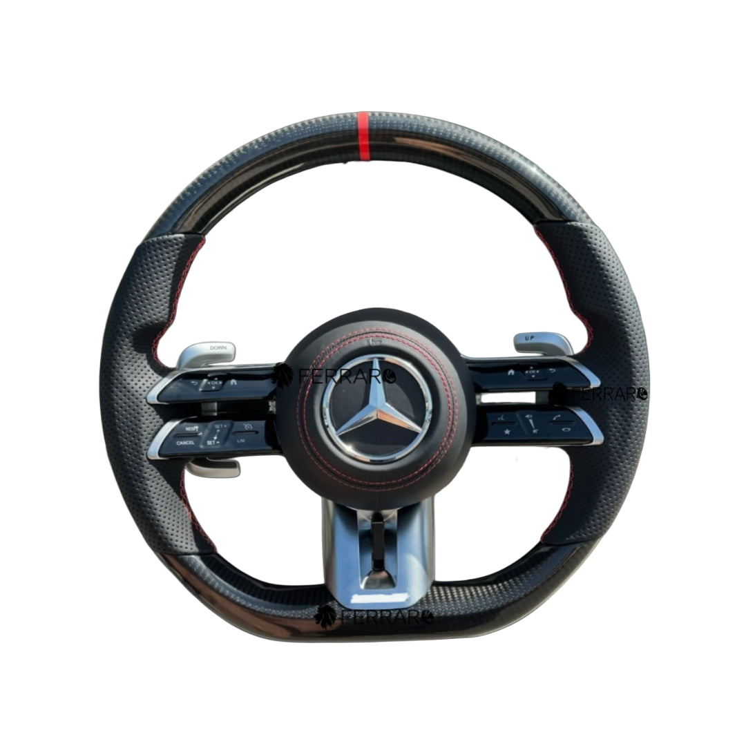Volante per Mercedes, Carbonio Diagonale, Galvanica, Etichetta Rossa, Perforata, Linea Rossa, AMG