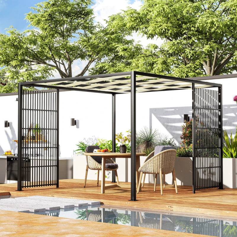 Outsunny Pergola per Esterno 3x3 m con Copertura Ondulata e Pannelli Laterali, in Metallo e Poliestere Nero