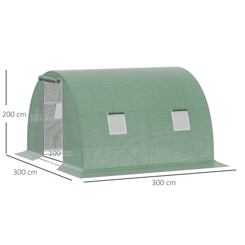 Outsunny Serra a Tunnel da Esterno 3x3x2m con Copertura in PE, Porta con Cerniera e 4 Finestre, Verde