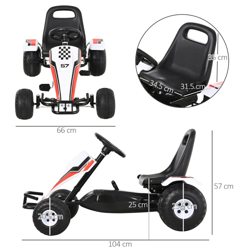 HOMCOM Go-Kart a Pedali Bianco per Bambini 3-6 Anni con Sedile Regolabile, Ruote in Plastica, Freno a Mano e Cambio