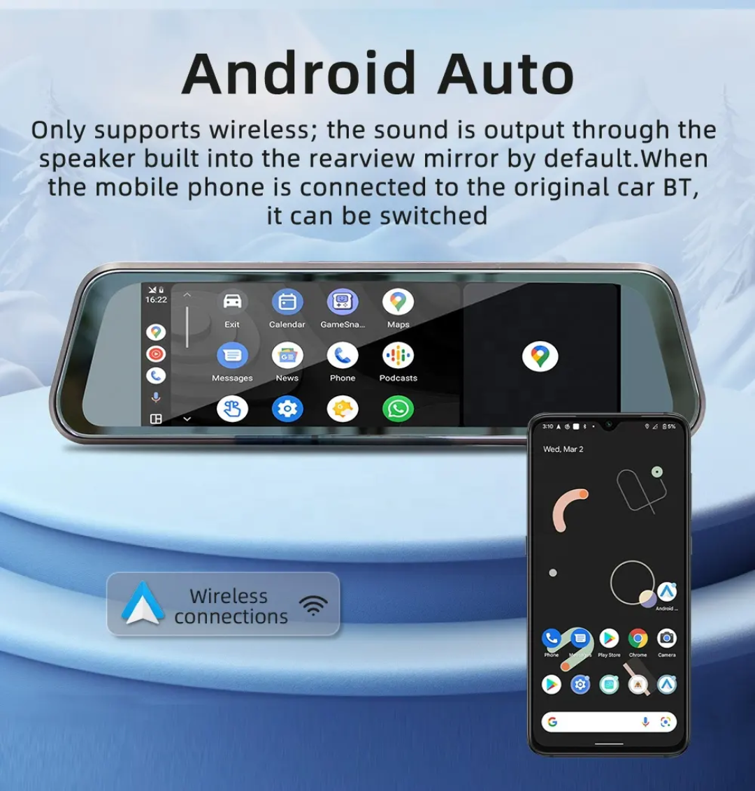 Specchietto Retrovisore 9.86", CarPlay e Android Auto, DVR, MirrorLink, Bluetooth