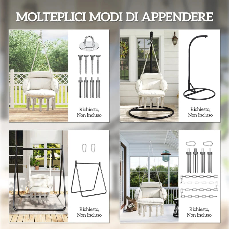 Outsunny Poltrona Sospesa in Stile Boho con Cuscino, in Acciaio, Cotone e Poliestere, 80x60x40 cm, Bianco Crema