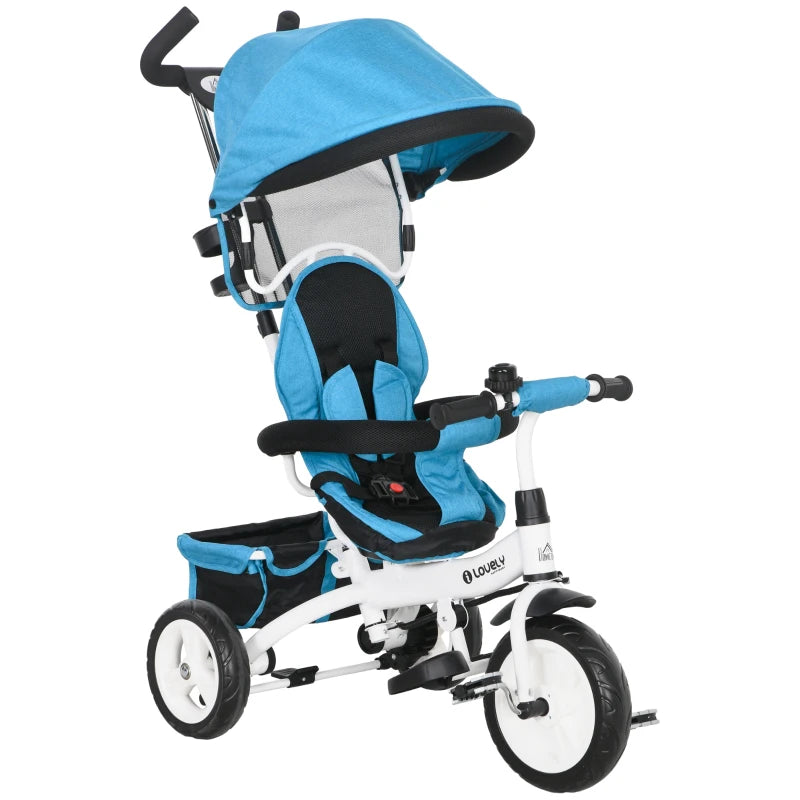 HOMCOM Triciclo per Bambini con Maniglione 6 in 1, Tettuccio Regolabile e Cintura di Sicurezza, Età 1-5 Anni, Blu